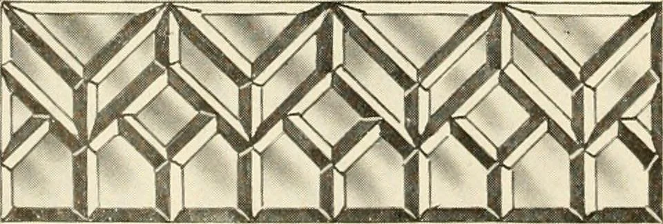 An illustration from International art glass catalogue : art and beveled glass in all its branches : church, memorial, society and domestic windows, Art Nouveau, prism, mitre beveled plate, leaded bevel, etc., 1914, leaf 25
