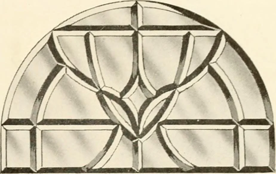 An illustration from International art glass catalogue : art and beveled glass in all its branches : church, memorial, society and domestic windows, Art Nouveau, prism, mitre beveled plate, leaded bevel, etc., 1914, leaf 26