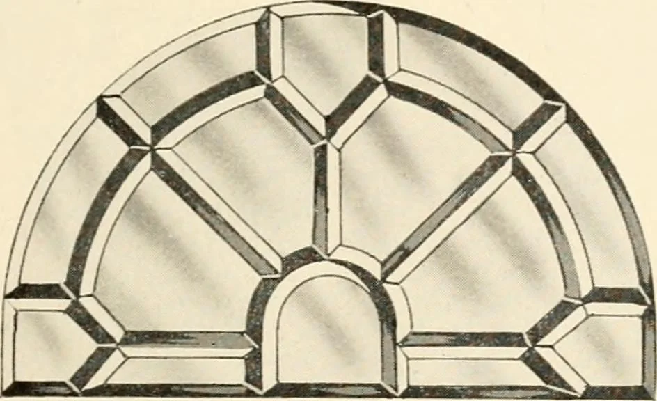 An illustration from International art glass catalogue : art and beveled glass in all its branches : church, memorial, society and domestic windows, Art Nouveau, prism, mitre beveled plate, leaded bevel, etc., 1914, leaf 26