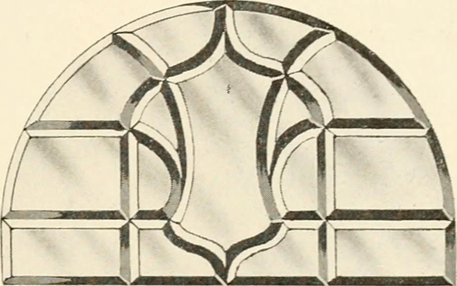 An illustration from International art glass catalogue : art and beveled glass in all its branches : church, memorial, society and domestic windows, Art Nouveau, prism, mitre beveled plate, leaded bevel, etc., 1914, leaf 26