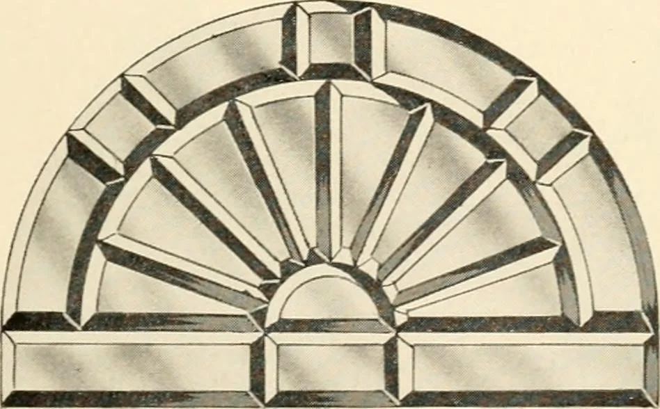 An illustration from International art glass catalogue : art and beveled glass in all its branches : church, memorial, society and domestic windows, Art Nouveau, prism, mitre beveled plate, leaded bevel, etc., 1914, leaf 26
