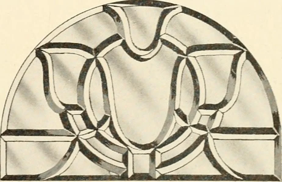 An illustration from International art glass catalogue : art and beveled glass in all its branches : church, memorial, society and domestic windows, Art Nouveau, prism, mitre beveled plate, leaded bevel, etc., 1914, leaf 26