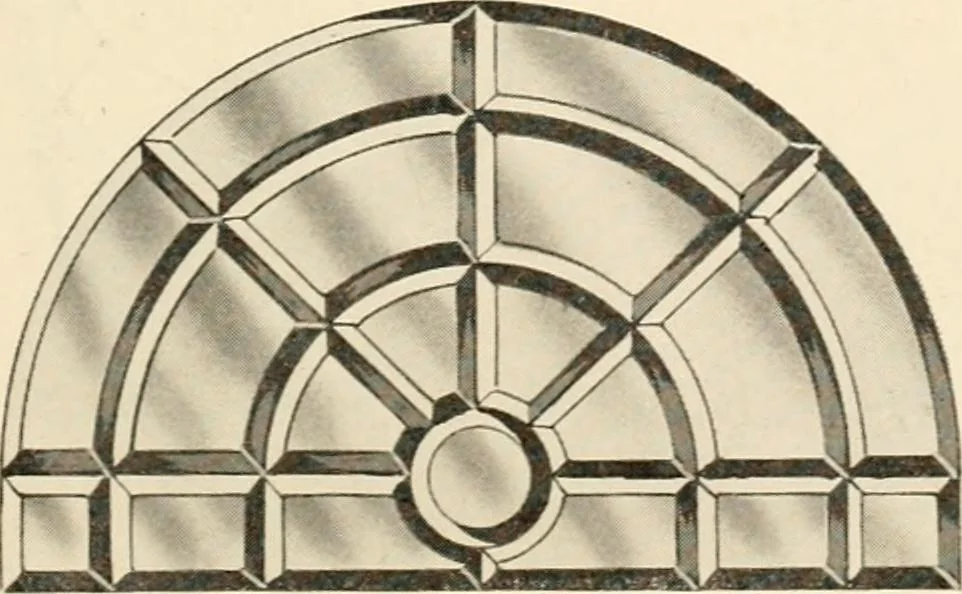 An illustration from International art glass catalogue : art and beveled glass in all its branches : church, memorial, society and domestic windows, Art Nouveau, prism, mitre beveled plate, leaded bevel, etc., 1914, leaf 26