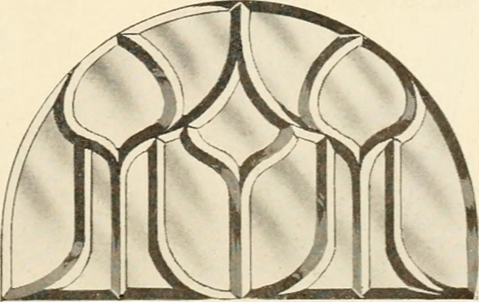An illustration from International art glass catalogue : art and beveled glass in all its branches : church, memorial, society and domestic windows, Art Nouveau, prism, mitre beveled plate, leaded bevel, etc., 1914, leaf 26