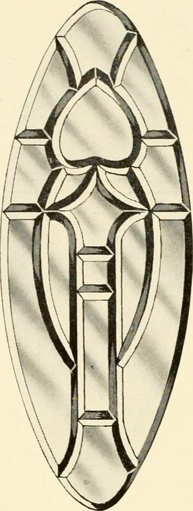 An illustration from International art glass catalogue : art and beveled glass in all its branches : church, memorial, society and domestic windows, Art Nouveau, prism, mitre beveled plate, leaded bevel, etc., 1914, leaf 27