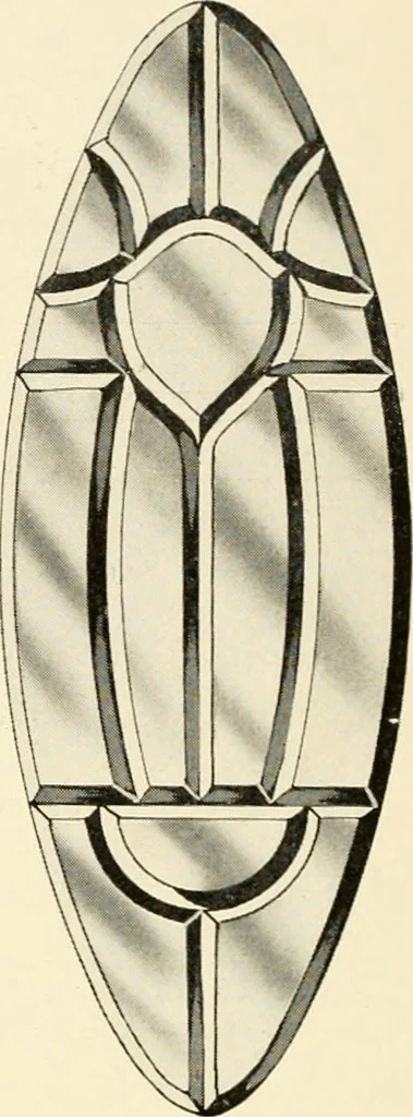 An illustration from International art glass catalogue : art and beveled glass in all its branches : church, memorial, society and domestic windows, Art Nouveau, prism, mitre beveled plate, leaded bevel, etc., 1914, leaf 27