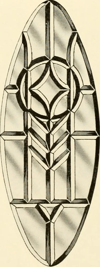 An illustration from International art glass catalogue : art and beveled glass in all its branches : church, memorial, society and domestic windows, Art Nouveau, prism, mitre beveled plate, leaded bevel, etc., 1914, leaf 27