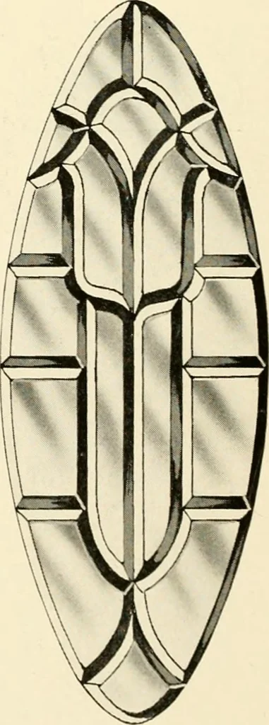 An illustration from International art glass catalogue : art and beveled glass in all its branches : church, memorial, society and domestic windows, Art Nouveau, prism, mitre beveled plate, leaded bevel, etc., 1914, leaf 27