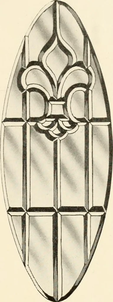 An illustration from International art glass catalogue : art and beveled glass in all its branches : church, memorial, society and domestic windows, Art Nouveau, prism, mitre beveled plate, leaded bevel, etc., 1914, leaf 28