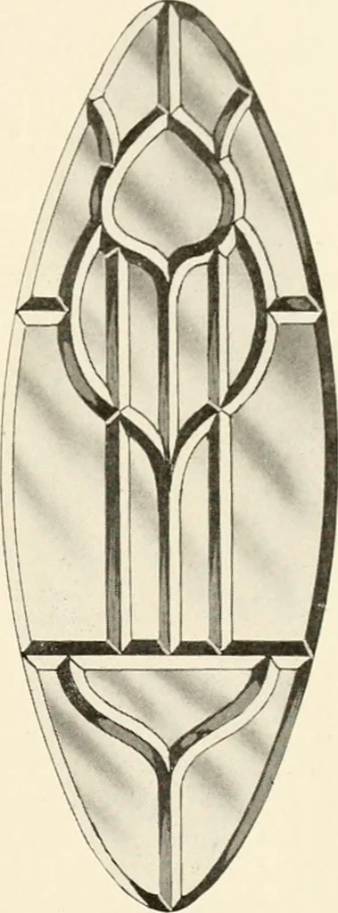 An illustration from International art glass catalogue : art and beveled glass in all its branches : church, memorial, society and domestic windows, Art Nouveau, prism, mitre beveled plate, leaded bevel, etc., 1914, leaf 28