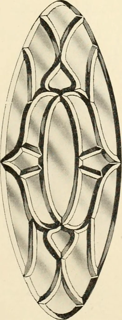 An illustration from International art glass catalogue : art and beveled glass in all its branches : church, memorial, society and domestic windows, Art Nouveau, prism, mitre beveled plate, leaded bevel, etc., 1914, leaf 28