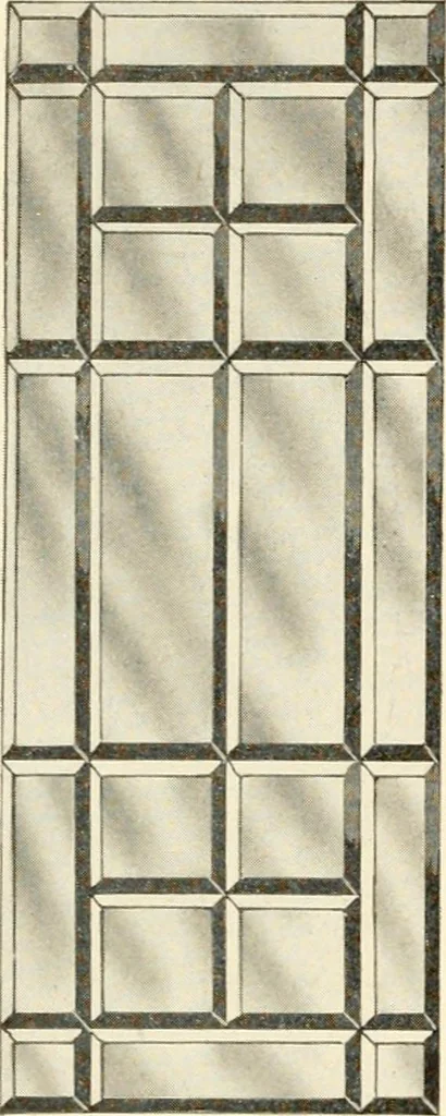 An illustration from International art glass catalogue : art and beveled glass in all its branches : church, memorial, society and domestic windows, Art Nouveau, prism, mitre beveled plate, leaded bevel, etc., 1914, leaf 29