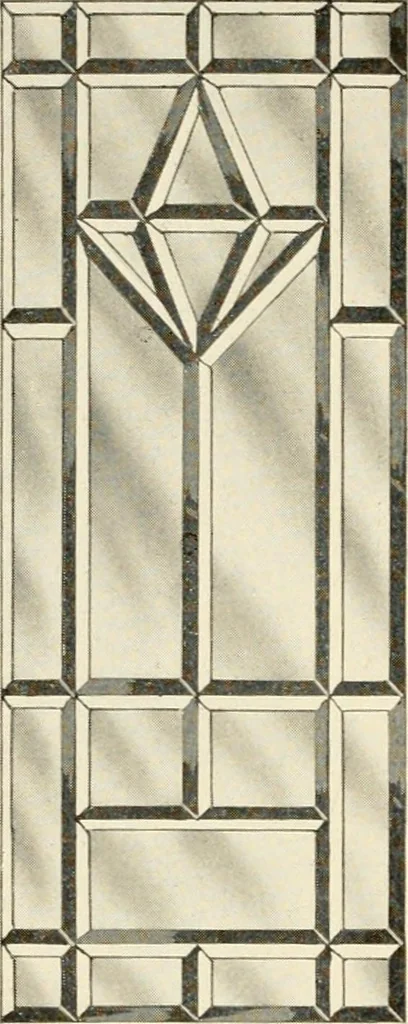 An illustration from International art glass catalogue : art and beveled glass in all its branches : church, memorial, society and domestic windows, Art Nouveau, prism, mitre beveled plate, leaded bevel, etc., 1914, leaf 29