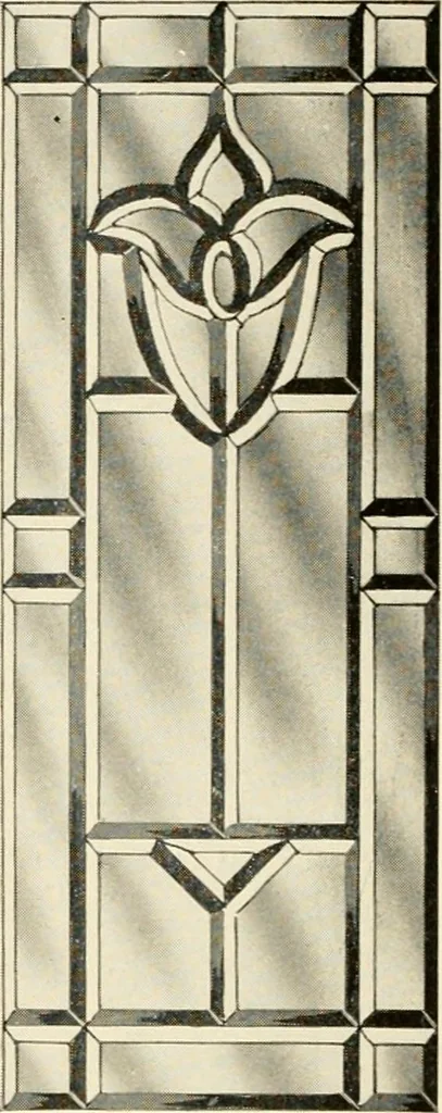An illustration from International art glass catalogue : art and beveled glass in all its branches : church, memorial, society and domestic windows, Art Nouveau, prism, mitre beveled plate, leaded bevel, etc., 1914, leaf 29