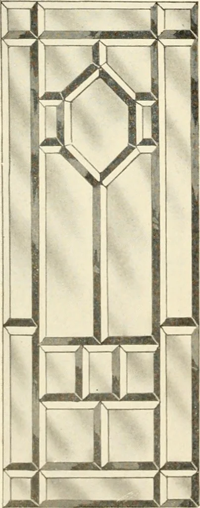 An illustration from International art glass catalogue : art and beveled glass in all its branches : church, memorial, society and domestic windows, Art Nouveau, prism, mitre beveled plate, leaded bevel, etc., 1914, leaf 29