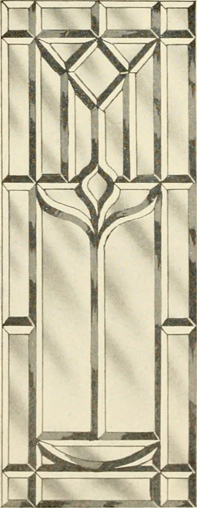 An illustration from International art glass catalogue : art and beveled glass in all its branches : church, memorial, society and domestic windows, Art Nouveau, prism, mitre beveled plate, leaded bevel, etc., 1914, leaf 29