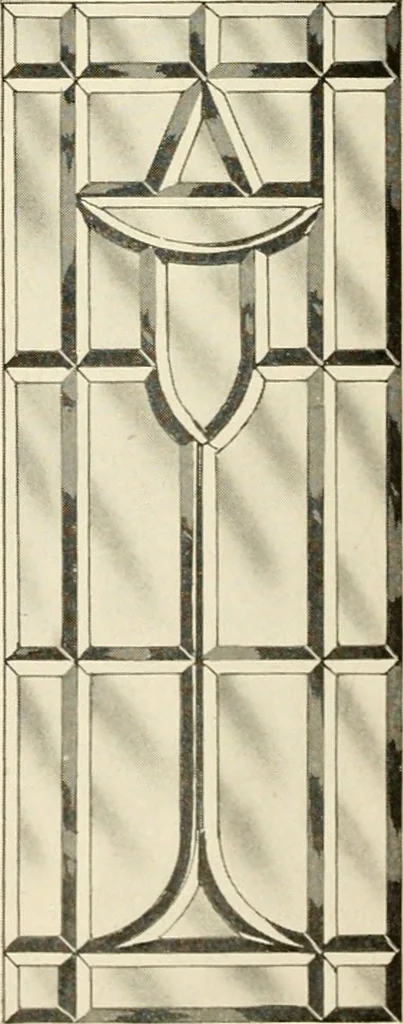 An illustration from International art glass catalogue : art and beveled glass in all its branches : church, memorial, society and domestic windows, Art Nouveau, prism, mitre beveled plate, leaded bevel, etc., 1914, leaf 29