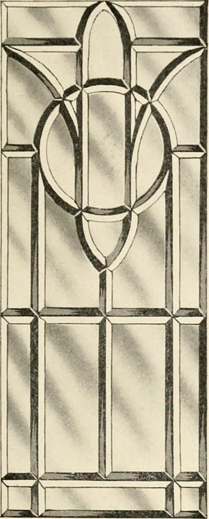 An illustration from International art glass catalogue : art and beveled glass in all its branches : church, memorial, society and domestic windows, Art Nouveau, prism, mitre beveled plate, leaded bevel, etc., 1914, leaf 30