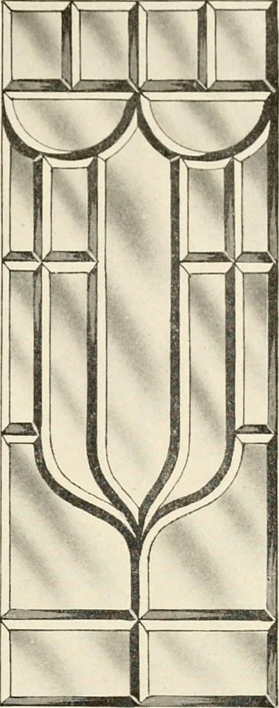 An illustration from International art glass catalogue : art and beveled glass in all its branches : church, memorial, society and domestic windows, Art Nouveau, prism, mitre beveled plate, leaded bevel, etc., 1914, leaf 30