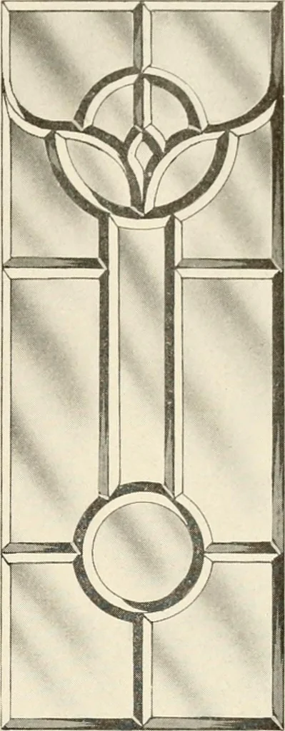 An illustration from International art glass catalogue : art and beveled glass in all its branches : church, memorial, society and domestic windows, Art Nouveau, prism, mitre beveled plate, leaded bevel, etc., 1914, leaf 30