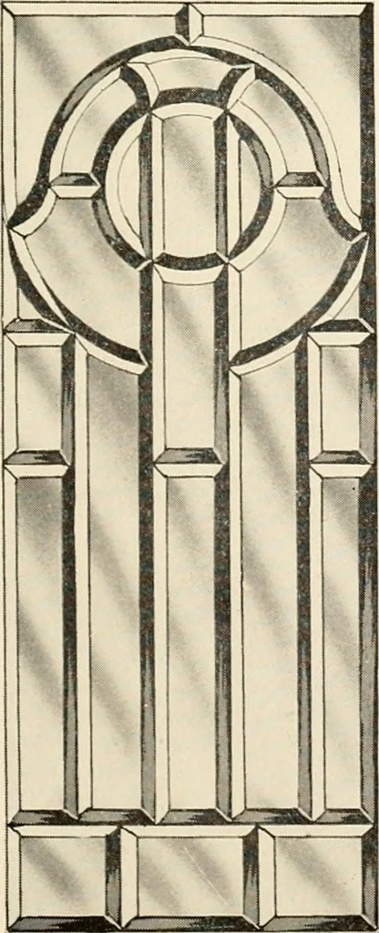 An illustration from International art glass catalogue : art and beveled glass in all its branches : church, memorial, society and domestic windows, Art Nouveau, prism, mitre beveled plate, leaded bevel, etc., 1914, leaf 30