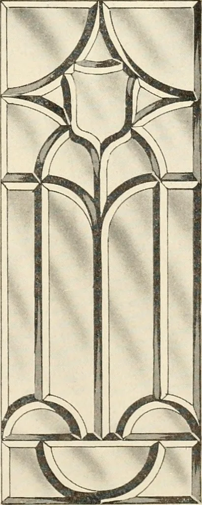 An illustration from International art glass catalogue : art and beveled glass in all its branches : church, memorial, society and domestic windows, Art Nouveau, prism, mitre beveled plate, leaded bevel, etc., 1914, leaf 30