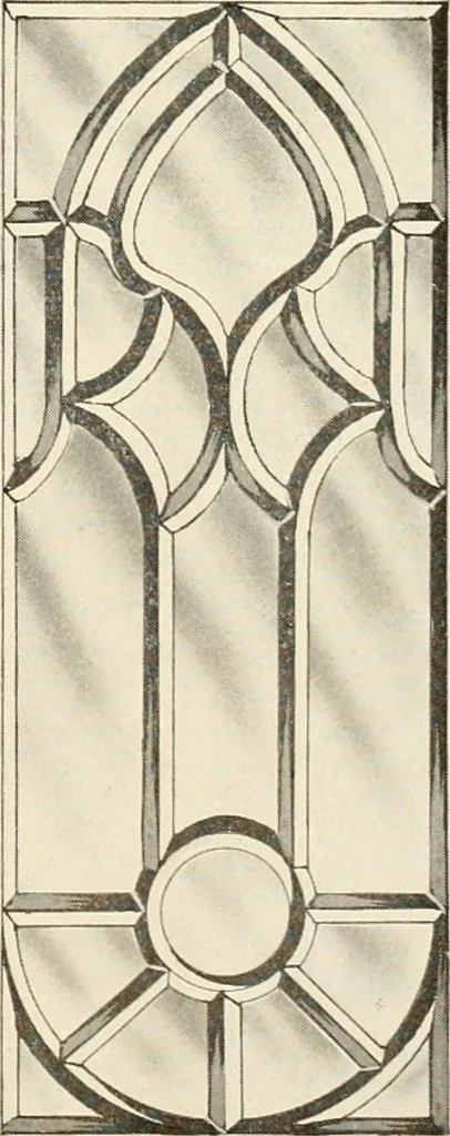 An illustration from International art glass catalogue : art and beveled glass in all its branches : church, memorial, society and domestic windows, Art Nouveau, prism, mitre beveled plate, leaded bevel, etc., 1914, leaf 30