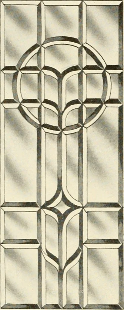An illustration from International art glass catalogue : art and beveled glass in all its branches : church, memorial, society and domestic windows, Art Nouveau, prism, mitre beveled plate, leaded bevel, etc., 1914, leaf 31