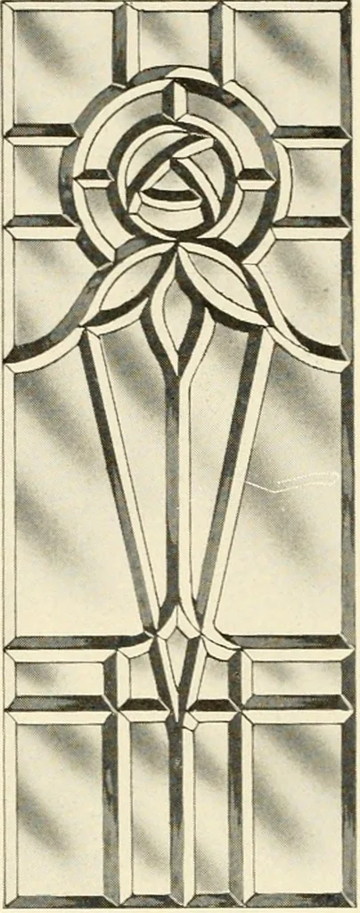 An illustration from International art glass catalogue : art and beveled glass in all its branches : church, memorial, society and domestic windows, Art Nouveau, prism, mitre beveled plate, leaded bevel, etc., 1914, leaf 31