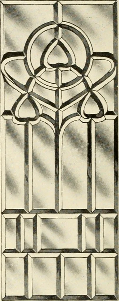 An illustration from International art glass catalogue : art and beveled glass in all its branches : church, memorial, society and domestic windows, Art Nouveau, prism, mitre beveled plate, leaded bevel, etc., 1914, leaf 31