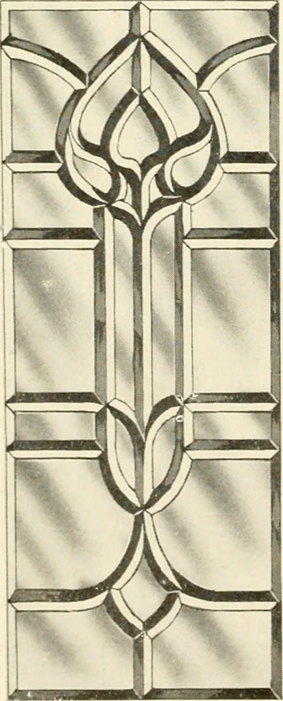 An illustration from International art glass catalogue : art and beveled glass in all its branches : church, memorial, society and domestic windows, Art Nouveau, prism, mitre beveled plate, leaded bevel, etc., 1914, leaf 31
