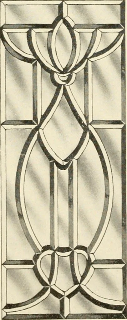 An illustration from International art glass catalogue : art and beveled glass in all its branches : church, memorial, society and domestic windows, Art Nouveau, prism, mitre beveled plate, leaded bevel, etc., 1914, leaf 31