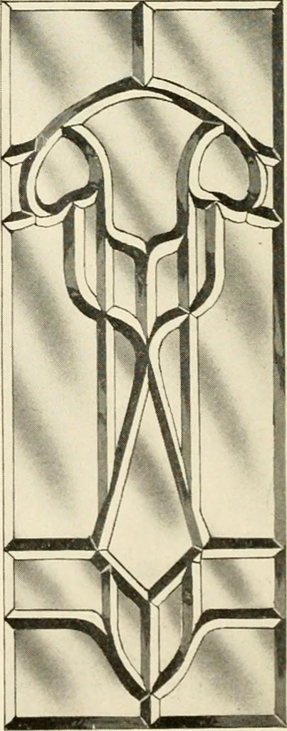 An illustration from International art glass catalogue : art and beveled glass in all its branches : church, memorial, society and domestic windows, Art Nouveau, prism, mitre beveled plate, leaded bevel, etc., 1914, leaf 31