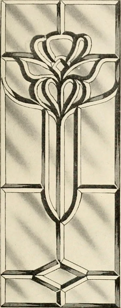 An illustration from International art glass catalogue : art and beveled glass in all its branches : church, memorial, society and domestic windows, Art Nouveau, prism, mitre beveled plate, leaded bevel, etc., 1914, leaf 32