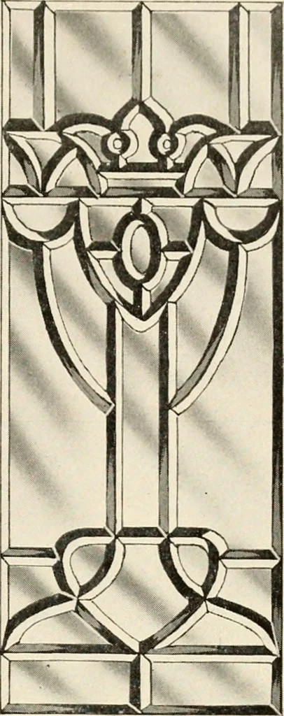 An illustration from International art glass catalogue : art and beveled glass in all its branches : church, memorial, society and domestic windows, Art Nouveau, prism, mitre beveled plate, leaded bevel, etc., 1914, leaf 32