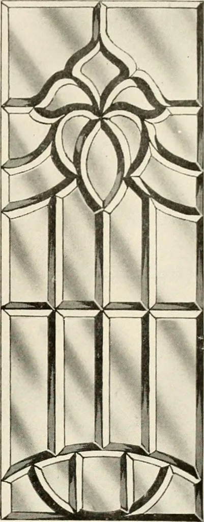 An illustration from International art glass catalogue : art and beveled glass in all its branches : church, memorial, society and domestic windows, Art Nouveau, prism, mitre beveled plate, leaded bevel, etc., 1914, leaf 32