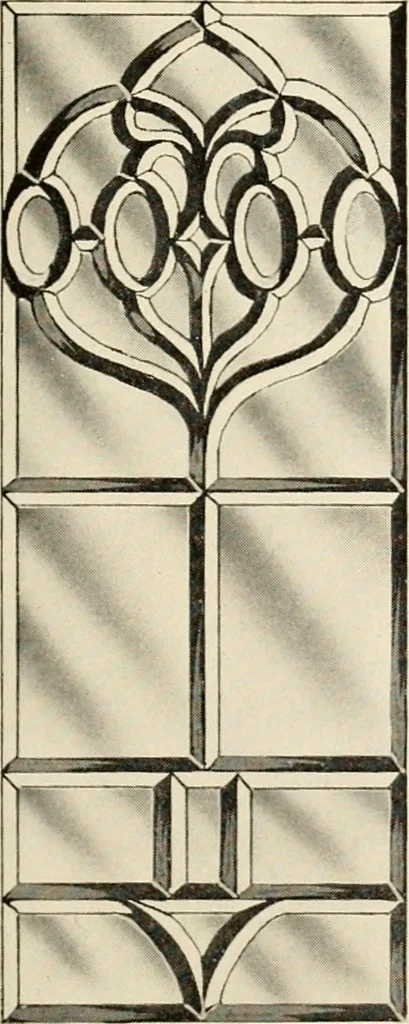 An illustration from International art glass catalogue : art and beveled glass in all its branches : church, memorial, society and domestic windows, Art Nouveau, prism, mitre beveled plate, leaded bevel, etc., 1914, leaf 32