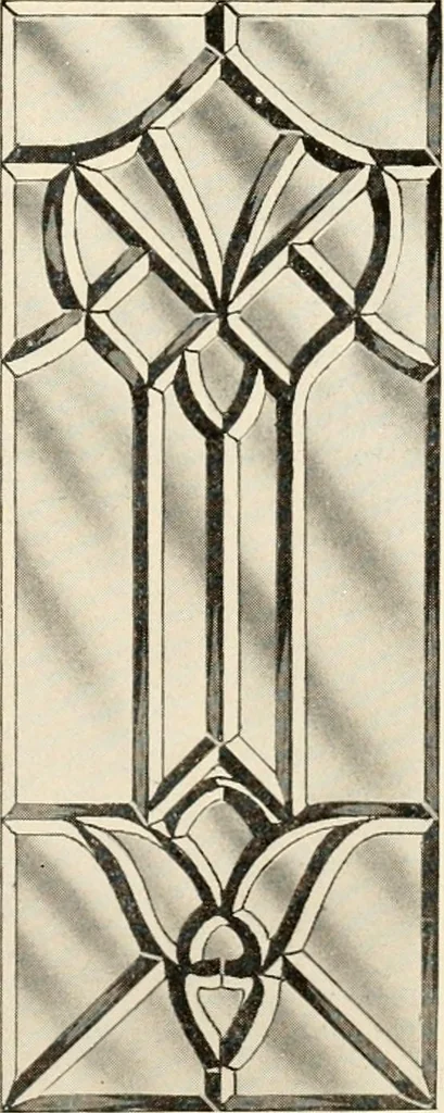 An illustration from International art glass catalogue : art and beveled glass in all its branches : church, memorial, society and domestic windows, Art Nouveau, prism, mitre beveled plate, leaded bevel, etc., 1914, leaf 32