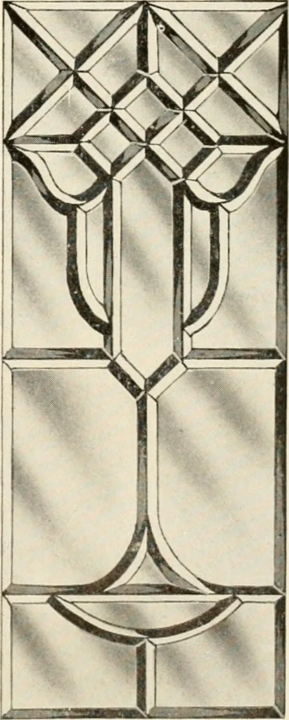 An illustration from International art glass catalogue : art and beveled glass in all its branches : church, memorial, society and domestic windows, Art Nouveau, prism, mitre beveled plate, leaded bevel, etc., 1914, leaf 32