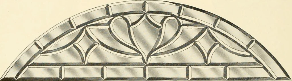 An illustration from International art glass catalogue : art and beveled glass in all its branches : church, memorial, society and domestic windows, Art Nouveau, prism, mitre beveled plate, leaded bevel, etc., 1914, leaf 33