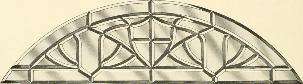 An illustration from International art glass catalogue : art and beveled glass in all its branches : church, memorial, society and domestic windows, Art Nouveau, prism, mitre beveled plate, leaded bevel, etc., 1914, leaf 33