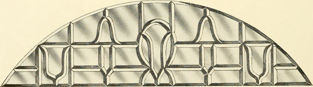 An illustration from International art glass catalogue : art and beveled glass in all its branches : church, memorial, society and domestic windows, Art Nouveau, prism, mitre beveled plate, leaded bevel, etc., 1914, leaf 33