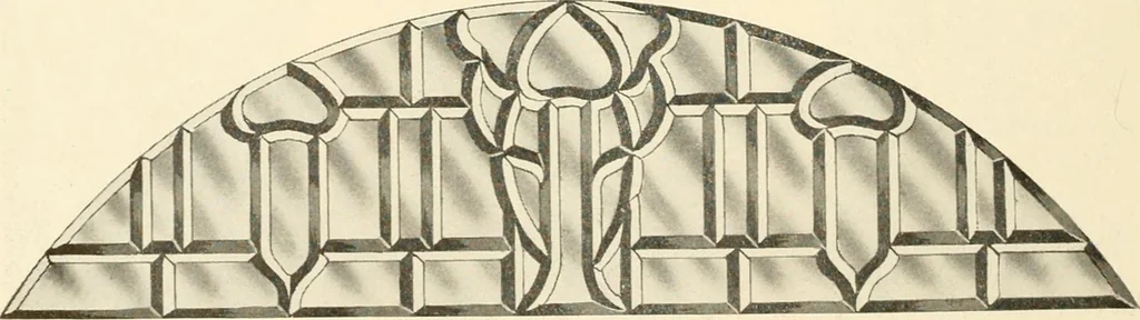 An illustration from International art glass catalogue : art and beveled glass in all its branches : church, memorial, society and domestic windows, Art Nouveau, prism, mitre beveled plate, leaded bevel, etc., 1914, leaf 33