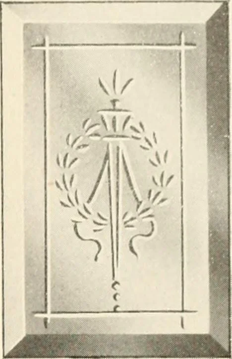An illustration from International art glass catalogue : art and beveled glass in all its branches : church, memorial, society and domestic windows, Art Nouveau, prism, mitre beveled plate, leaded bevel, etc., 1914, leaf 34