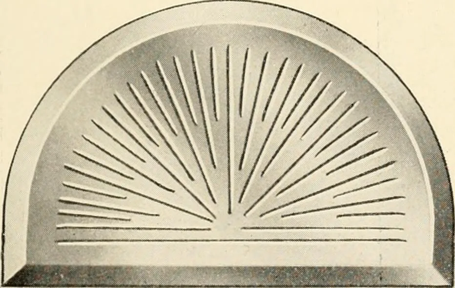 An illustration from International art glass catalogue : art and beveled glass in all its branches : church, memorial, society and domestic windows, Art Nouveau, prism, mitre beveled plate, leaded bevel, etc., 1914, leaf 34