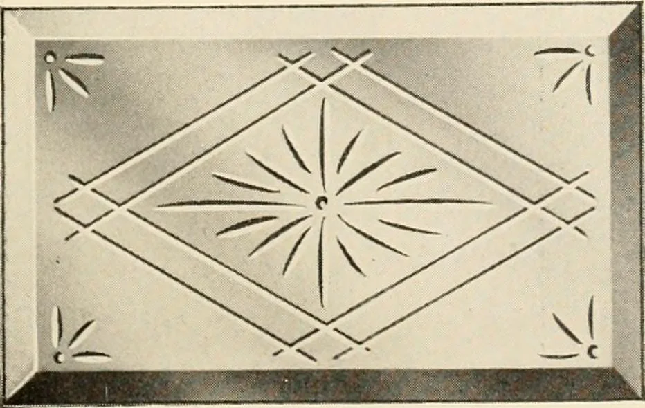 An illustration from International art glass catalogue : art and beveled glass in all its branches : church, memorial, society and domestic windows, Art Nouveau, prism, mitre beveled plate, leaded bevel, etc., 1914, leaf 34