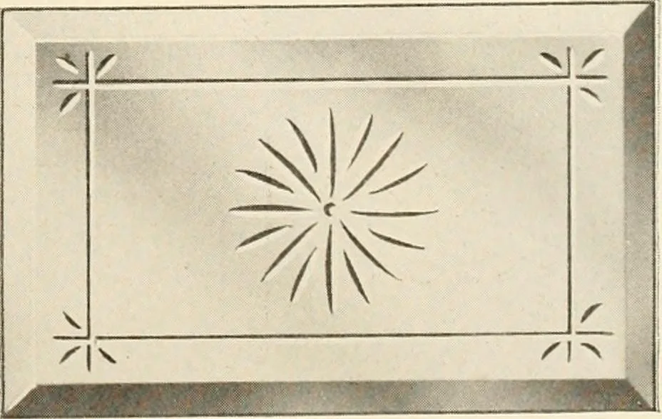 An illustration from International art glass catalogue : art and beveled glass in all its branches : church, memorial, society and domestic windows, Art Nouveau, prism, mitre beveled plate, leaded bevel, etc., 1914, leaf 34
