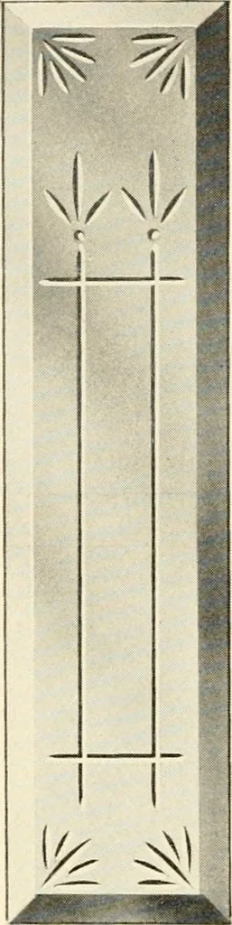 An illustration from International art glass catalogue : art and beveled glass in all its branches : church, memorial, society and domestic windows, Art Nouveau, prism, mitre beveled plate, leaded bevel, etc., 1914, leaf 35