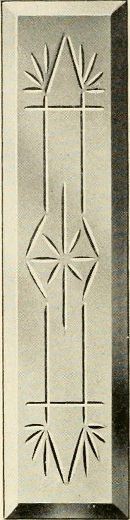 An illustration from International art glass catalogue : art and beveled glass in all its branches : church, memorial, society and domestic windows, Art Nouveau, prism, mitre beveled plate, leaded bevel, etc., 1914, leaf 35