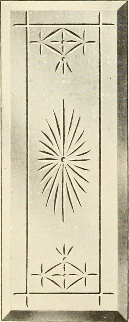 An illustration from International art glass catalogue : art and beveled glass in all its branches : church, memorial, society and domestic windows, Art Nouveau, prism, mitre beveled plate, leaded bevel, etc., 1914, leaf 35